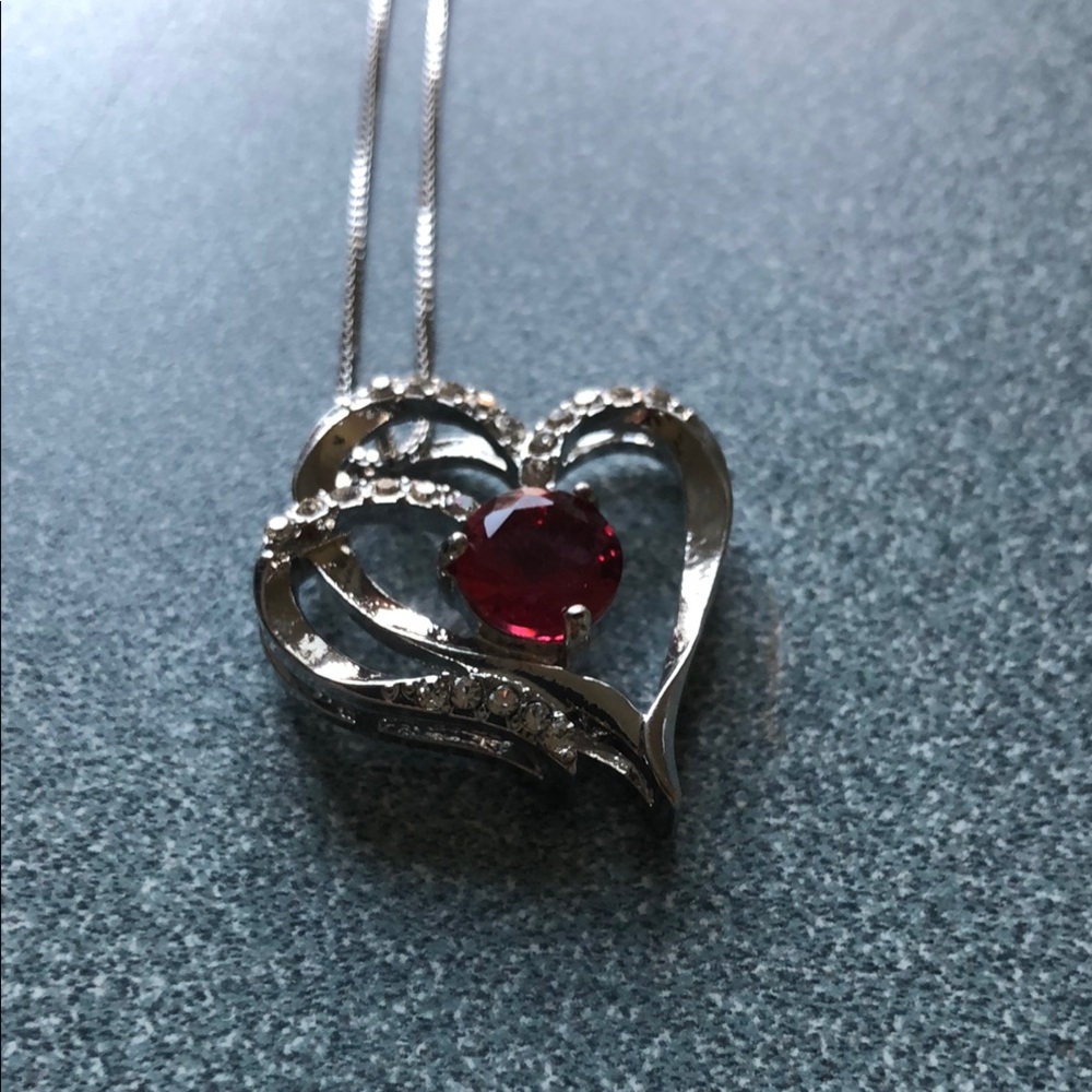 Double Elegant Silver Heart Necklace with Red Gemstone